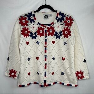 VTG Storybook Knits White Cardigan  Red Navy Floral Crochet Sequin Hearts Sz 2X